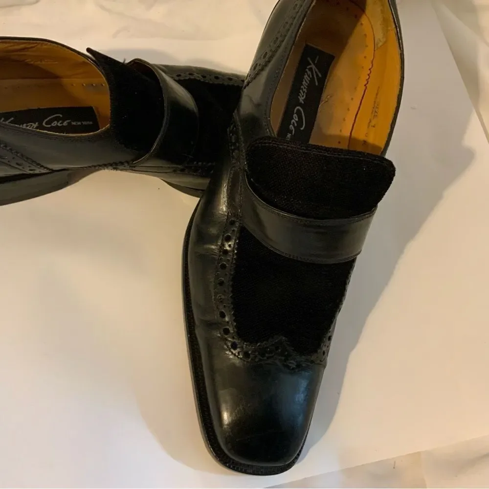 Kenneth Cole Size 9 M Black  Leather Slip On Wingtip Loafer Dress Mens Shoes